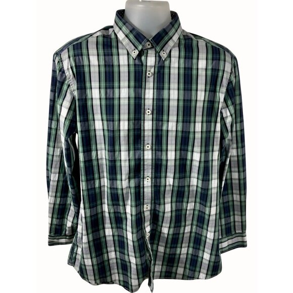 Nick Graham Mens Green Blue Plaid Stretch Modern Fit Button Down Shirt Large - Picture 1 of 8